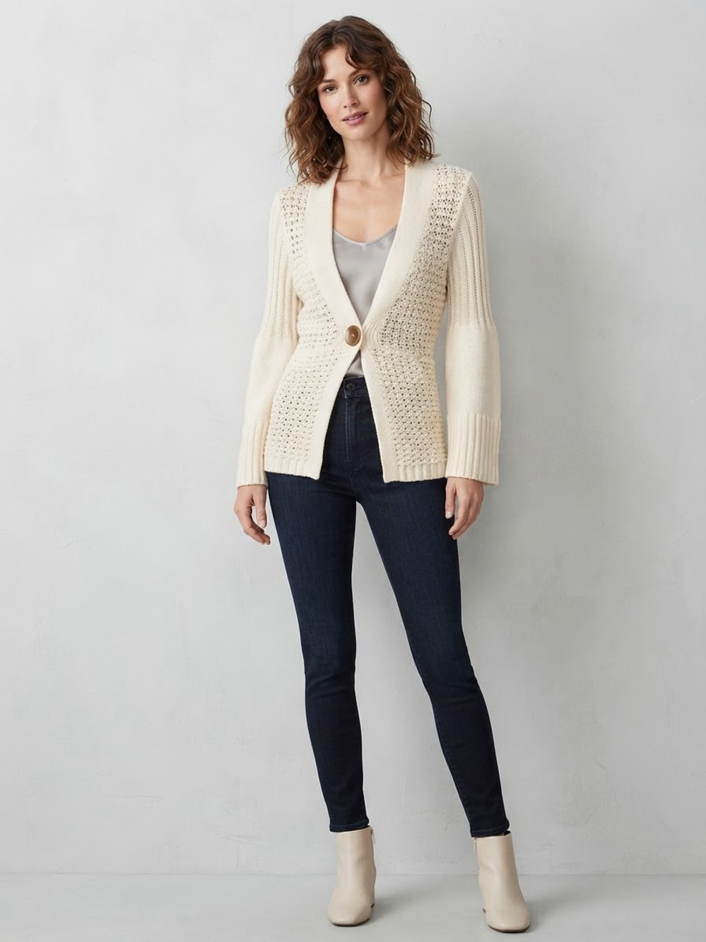 J.Jill Cream Open-Knit Single-Button Cardigan Sweater Size XS